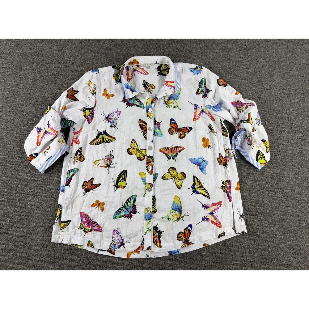 John Mark Shirt Womens Large White Butterfly Print Roll Tab 3/4 Sleeve Button